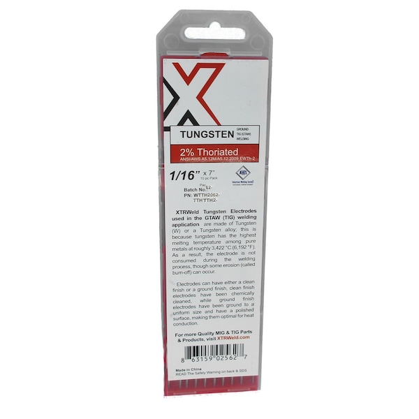 Xtrweld 2% Thoriated Tungsten Electrode, 3/16, Red, 7 In L, 5PK WTTH2187 - main